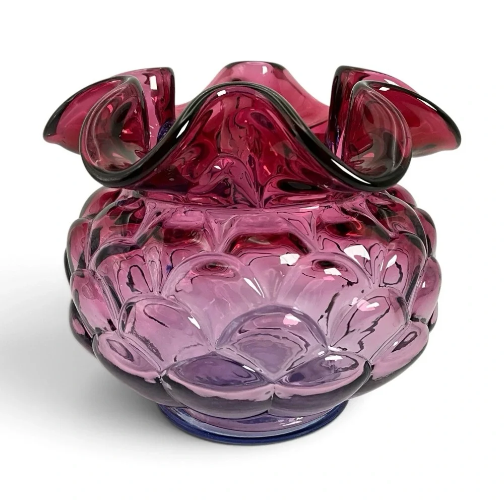 Fenton Mulberry Jacqueline Art Glass Vase Ruffled Rose Bowl Fish Scale Pattern